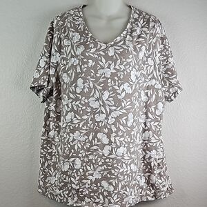 Catherines | Women's Mocha Brown White Gray Floral V-Neck Short Sleeves Tee OX